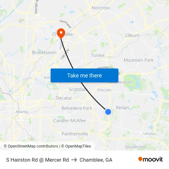S Hairston Rd @ Mercer Rd to Chamblee, GA map
