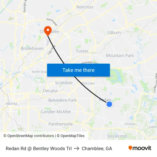Redan Rd @ Bentley Woods Trl to Chamblee, GA map