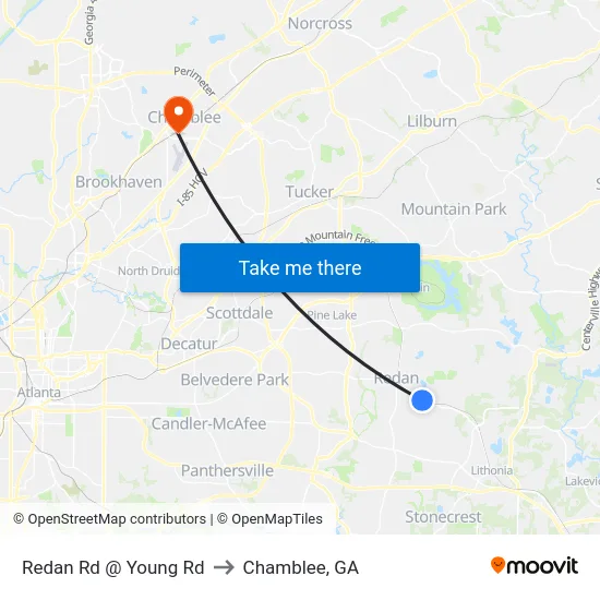 Redan Rd @ Young Rd to Chamblee, GA map