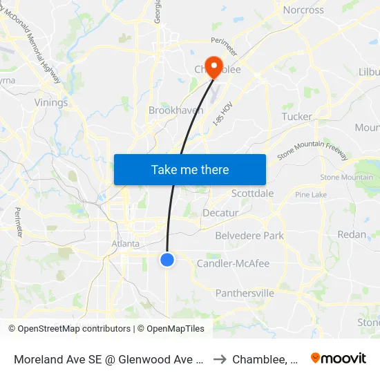 Moreland Ave SE @ Glenwood Ave SE to Chamblee, GA map