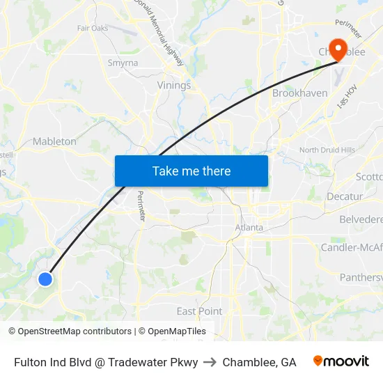 Fulton Ind Blvd @ Tradewater Pkwy to Chamblee, GA map