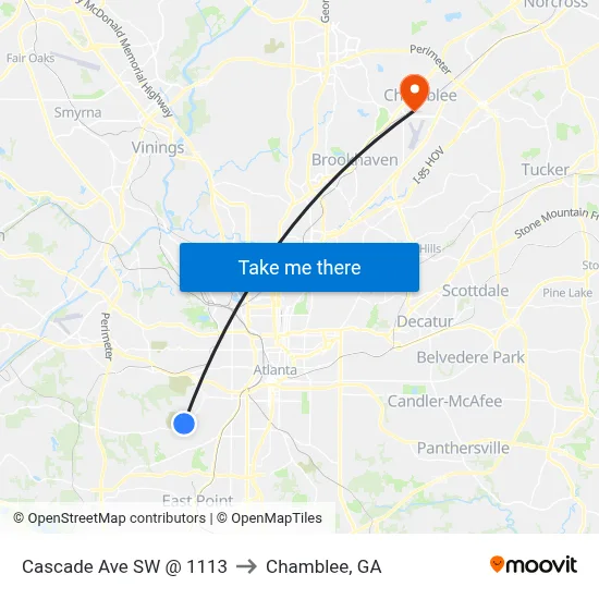 Cascade Ave SW @ 1113 to Chamblee, GA map