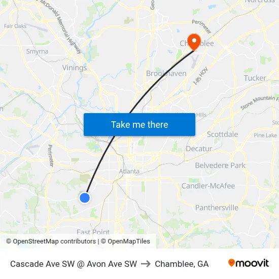 Cascade Ave SW @ Avon Ave SW to Chamblee, GA map