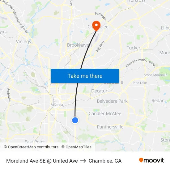 Moreland Ave SE @ United Ave to Chamblee, GA map