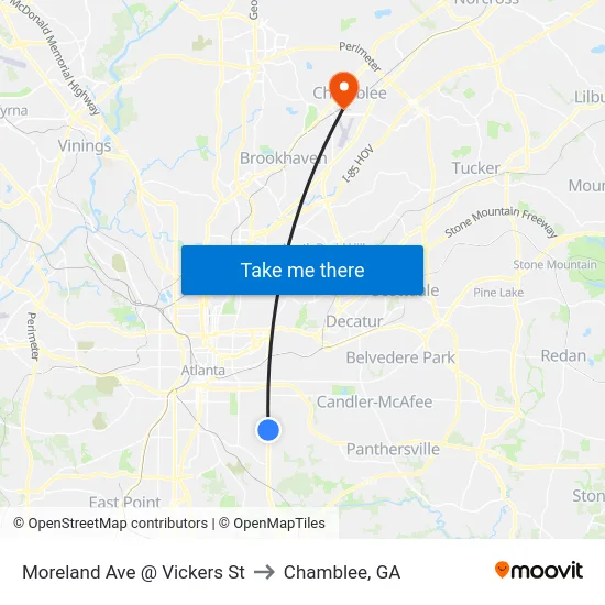 Moreland Ave @ Vickers St to Chamblee, GA map