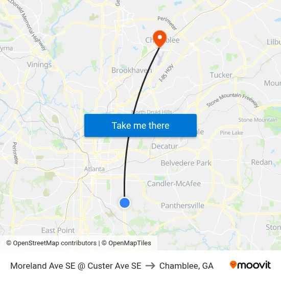 Moreland Ave SE @ Custer Ave SE to Chamblee, GA map