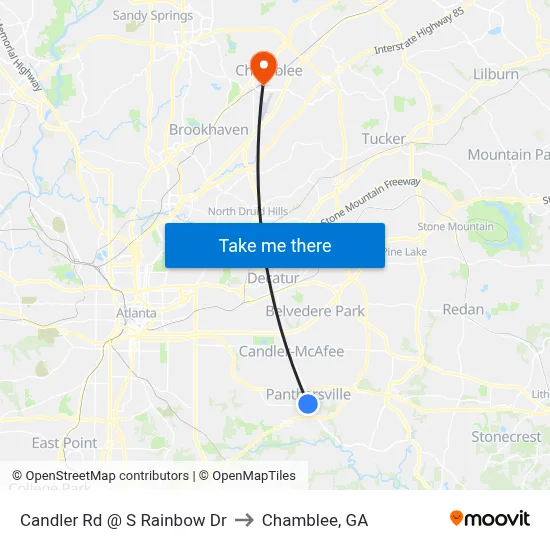Candler Rd @ S Rainbow Dr to Chamblee, GA map