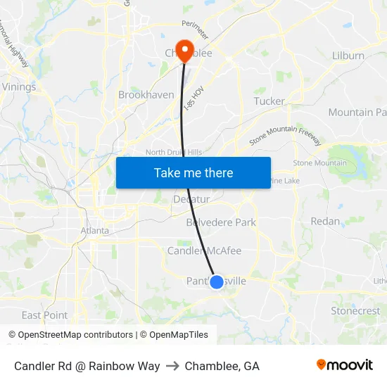 Candler Rd @ Rainbow Way to Chamblee, GA map