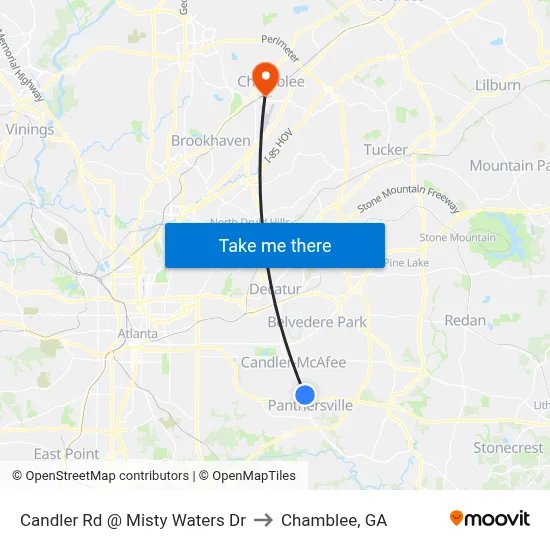 Candler Rd @ Misty Waters Dr to Chamblee, GA map