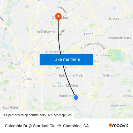 Columbia Dr @ Stardust Cir to Chamblee, GA map