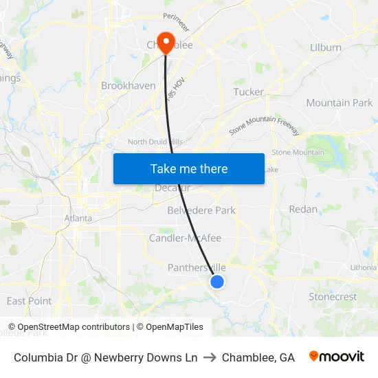 Columbia Dr @ Newberry Downs Ln to Chamblee, GA map