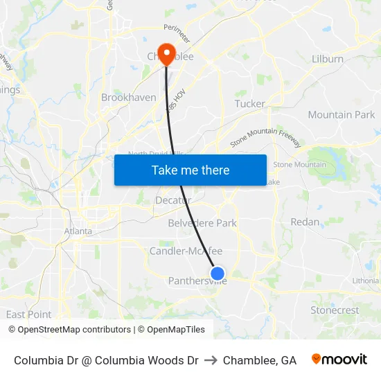 Columbia Dr @ Columbia Woods Dr to Chamblee, GA map