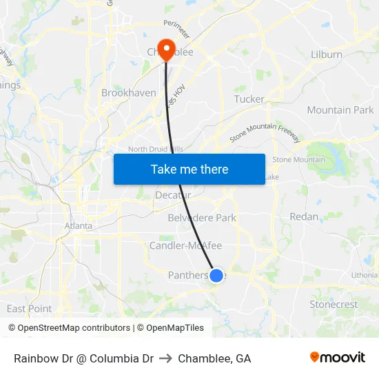 Rainbow Dr @ Columbia Dr to Chamblee, GA map