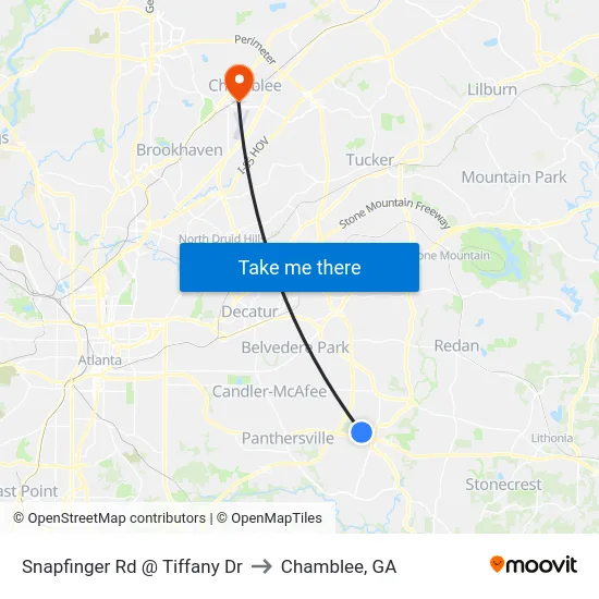 Snapfinger Rd @ Tiffany Dr to Chamblee, GA map