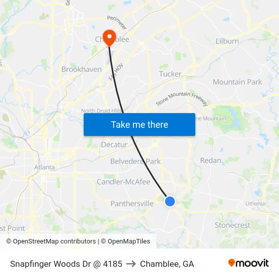 Snapfinger Woods Dr @ 4185 to Chamblee, GA map