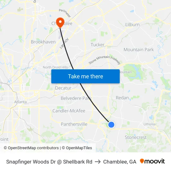Snapfinger Woods Dr @ Shellbark Rd to Chamblee, GA map