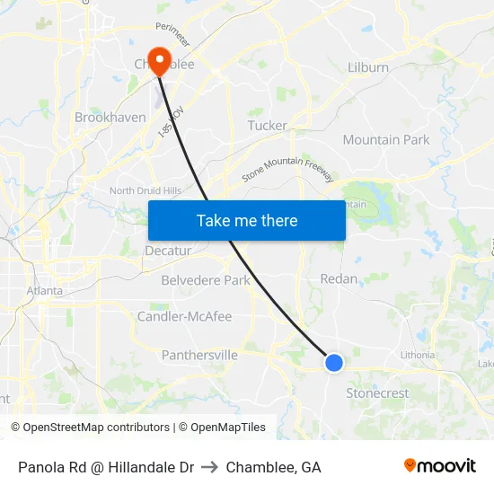 Panola Rd @ Hillandale Dr to Chamblee, GA map