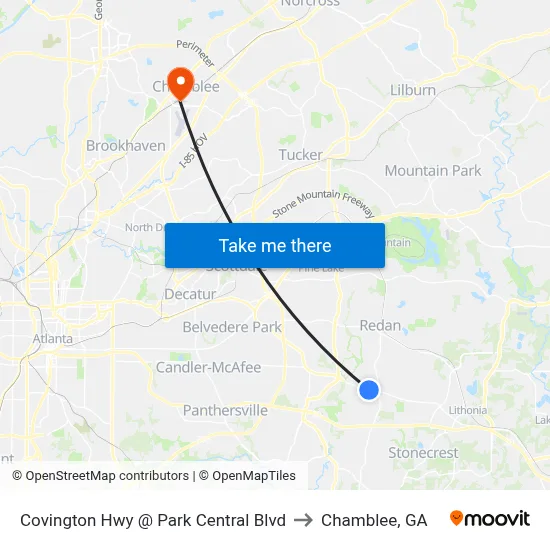 Covington Hwy @ Park Central Blvd to Chamblee, GA map