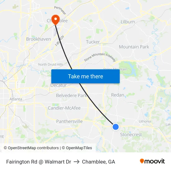 Fairington Rd @ Walmart Dr to Chamblee, GA map