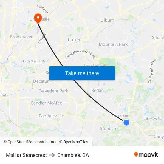 Mall at Stonecrest to Chamblee, GA map