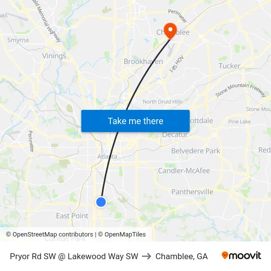 Pryor Rd SW @ Lakewood Way SW to Chamblee, GA map