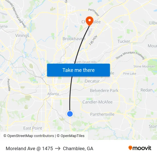 Moreland Ave @ 1475 to Chamblee, GA map