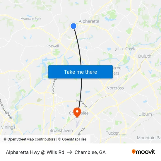 Alpharetta Hwy @ Wills Rd to Chamblee, GA map