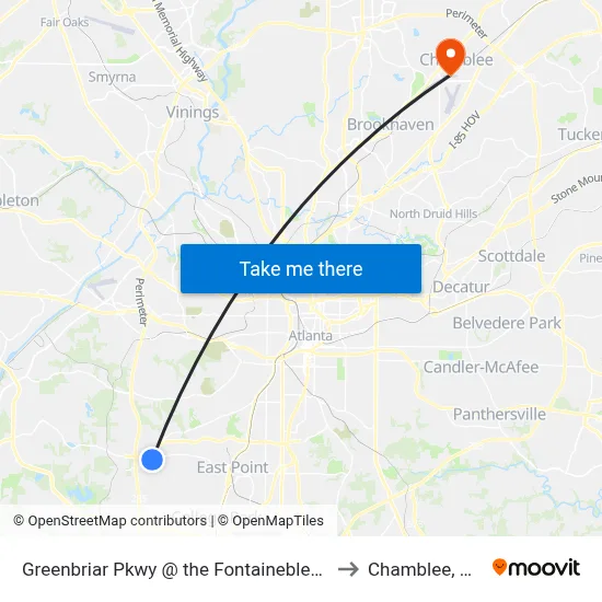 Greenbriar Pkwy @ the Fontainebleau to Chamblee, GA map
