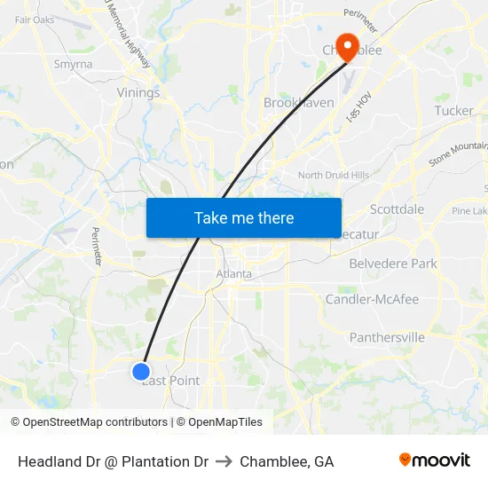 Headland Dr @ Plantation Dr to Chamblee, GA map