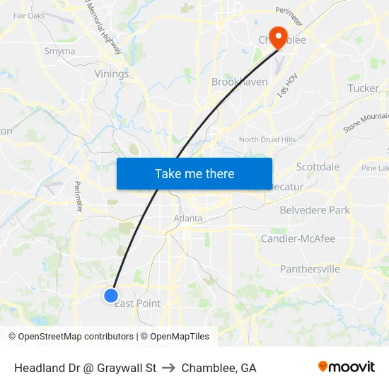 Headland Dr @ Graywall St to Chamblee, GA map