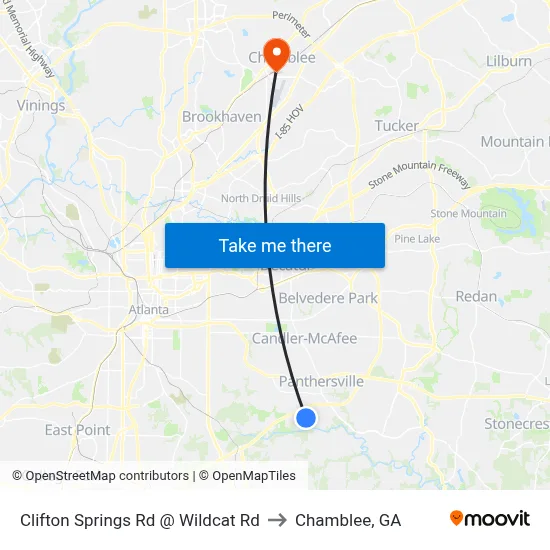 Clifton Springs Rd @ Wildcat Rd to Chamblee, GA map