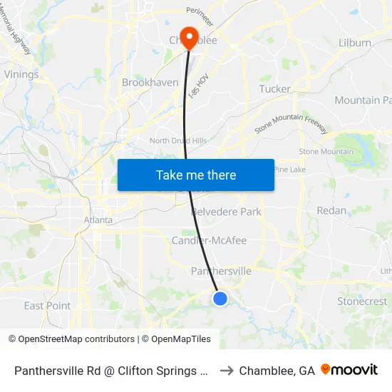 Panthersville Rd @ Clifton Springs Rd to Chamblee, GA map