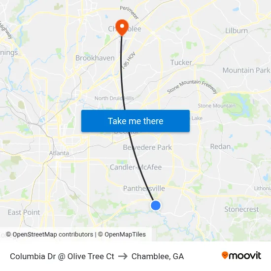 Columbia Dr @ Olive Tree Ct to Chamblee, GA map
