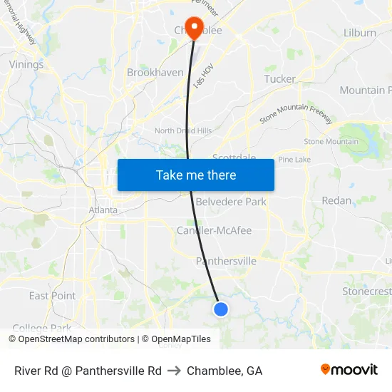 River Rd @ Panthersville Rd to Chamblee, GA map