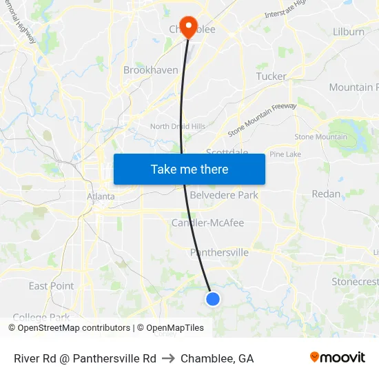 River Rd @ Panthersville Rd to Chamblee, GA map