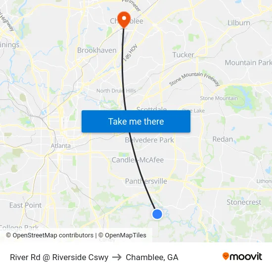River Rd @ Riverside Cswy to Chamblee, GA map