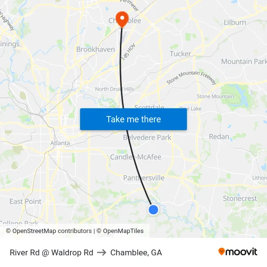 River Rd @ Waldrop Rd to Chamblee, GA map