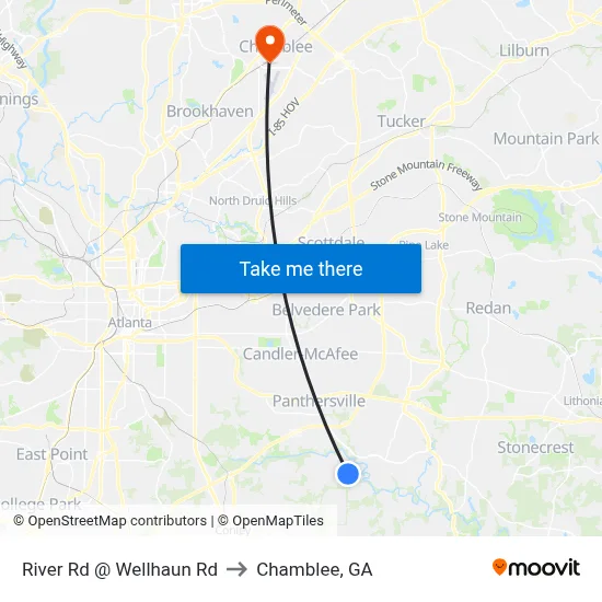 River Rd @ Wellhaun Rd to Chamblee, GA map