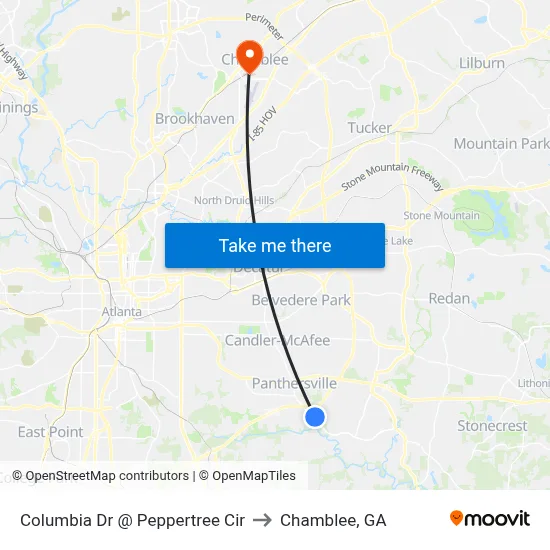 Columbia Dr @ Peppertree Cir to Chamblee, GA map