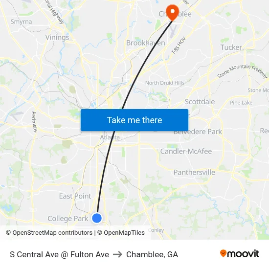 S Central Ave @ Fulton Ave to Chamblee, GA map