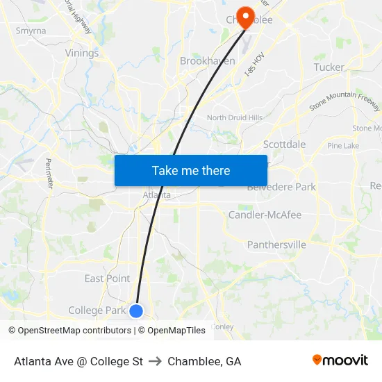 Atlanta Ave @ College St to Chamblee, GA map