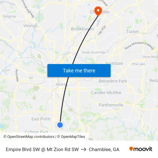 Empire Blvd SW @ Mt Zion Rd SW to Chamblee, GA map