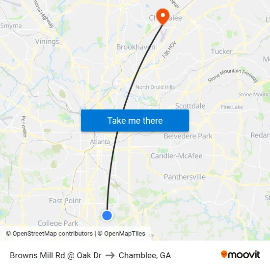 Browns Mill Rd @ Oak Dr to Chamblee, GA map