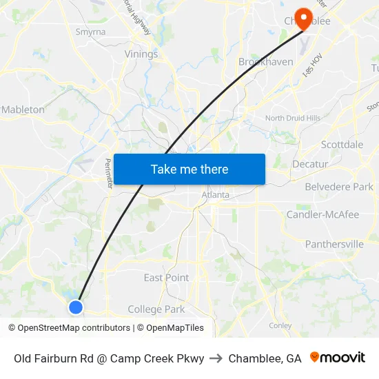 Old Fairburn Rd @ Camp Creek Pkwy to Chamblee, GA map