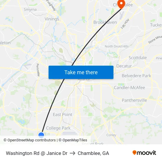 Washington Rd @ Janice Dr to Chamblee, GA map