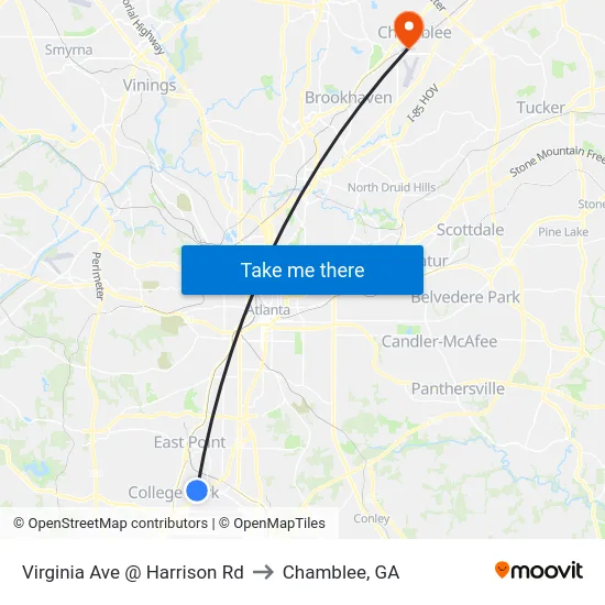 Virginia Ave @ Harrison Rd to Chamblee, GA map