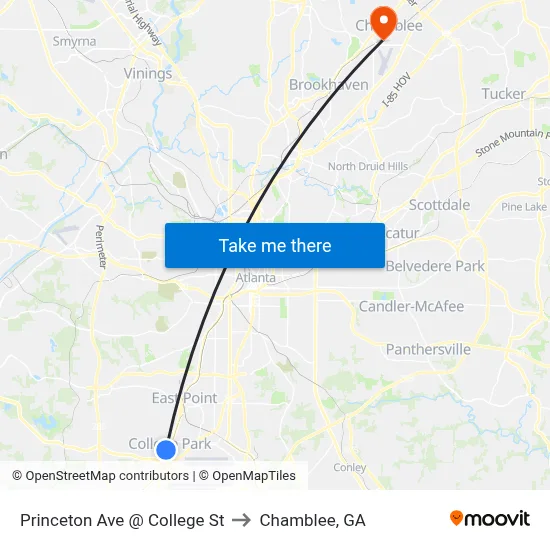 Princeton Ave @ College St to Chamblee, GA map
