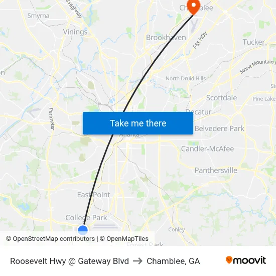 Roosevelt Hwy @ Gateway Blvd to Chamblee, GA map