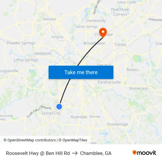 Roosevelt Hwy @ Ben Hill Rd to Chamblee, GA map