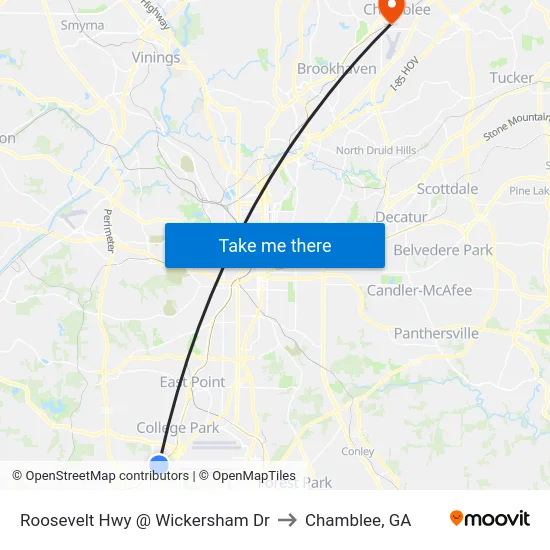Roosevelt Hwy @ Wickersham Dr to Chamblee, GA map